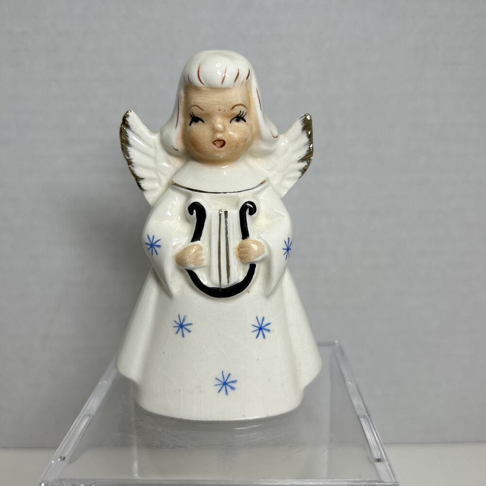 Vtg Christmas Singing Angel with Harp 4" Ceramic Figurine-Blue Stars Japan